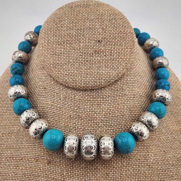 Vintage Faux Turquoise Necklace 20" Southwest Boho Coldwater Creek Silver Etched - Picture 1 of 7